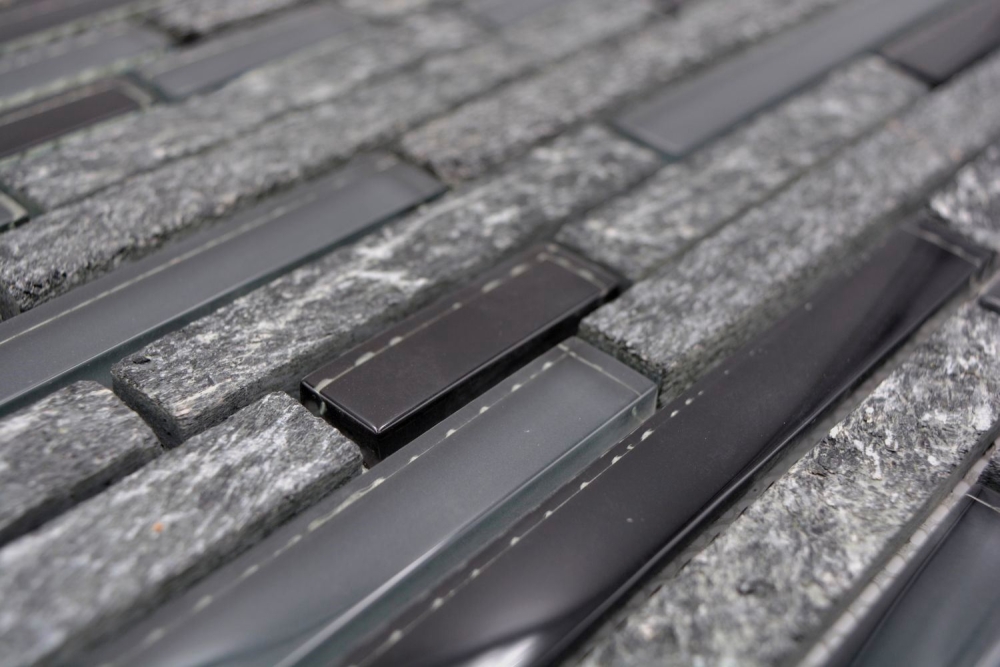 Mosaik Verbund Glasmosaik Stein mix grau schwarz Mix Transluzent Mauerverbandoptik glänzend