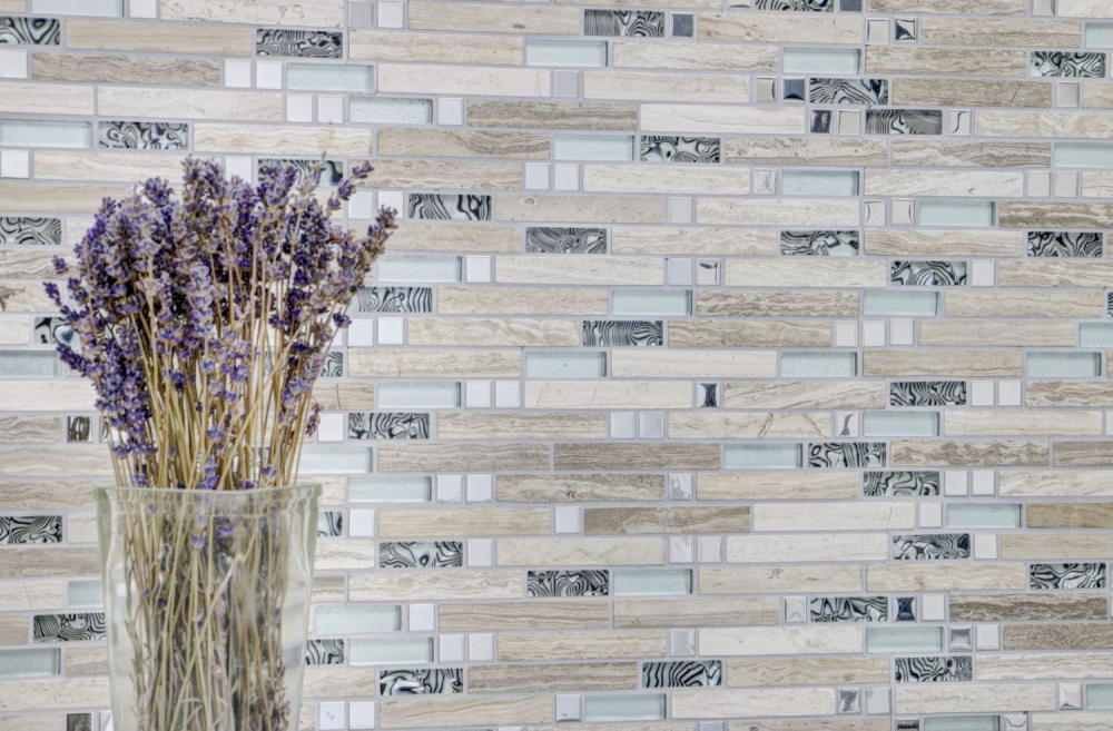 Mosaico di vetro pietra naturale tondini mosaico acciaio inox argento chiaro beige grigio bianco rivestimento parete cucina - 86-0108 - Kopie