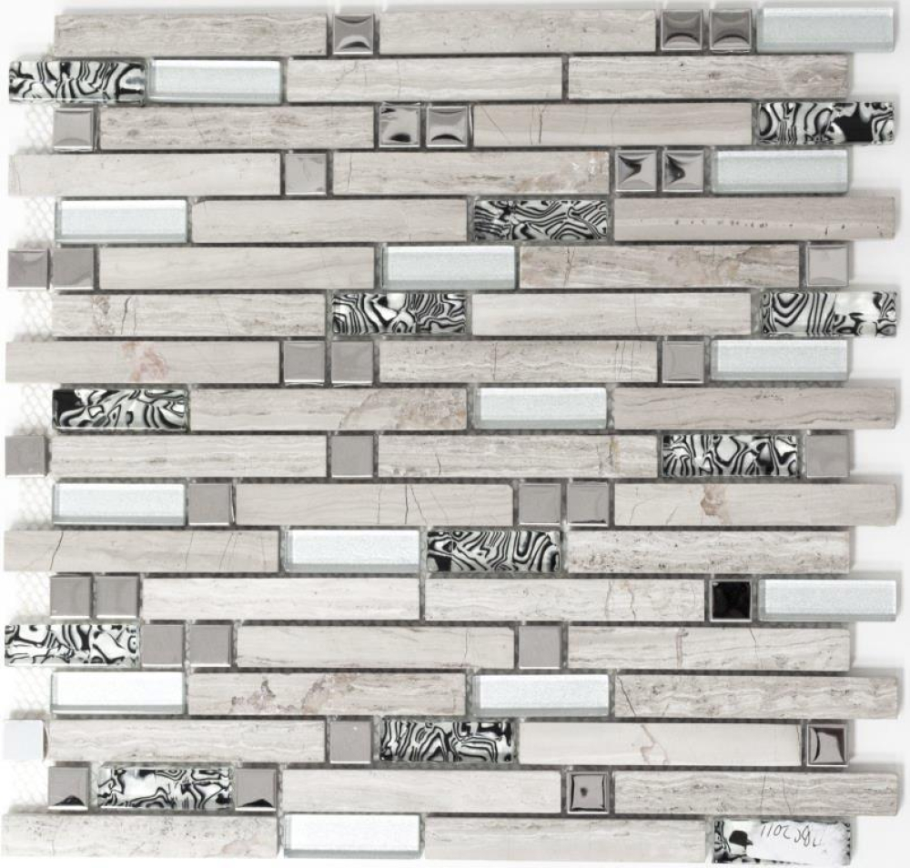 Mosaico di vetro pietra naturale tondini mosaico acciaio inox argento chiaro beige grigio bianco rivestimento parete cucina - 86-0108 - Kopie