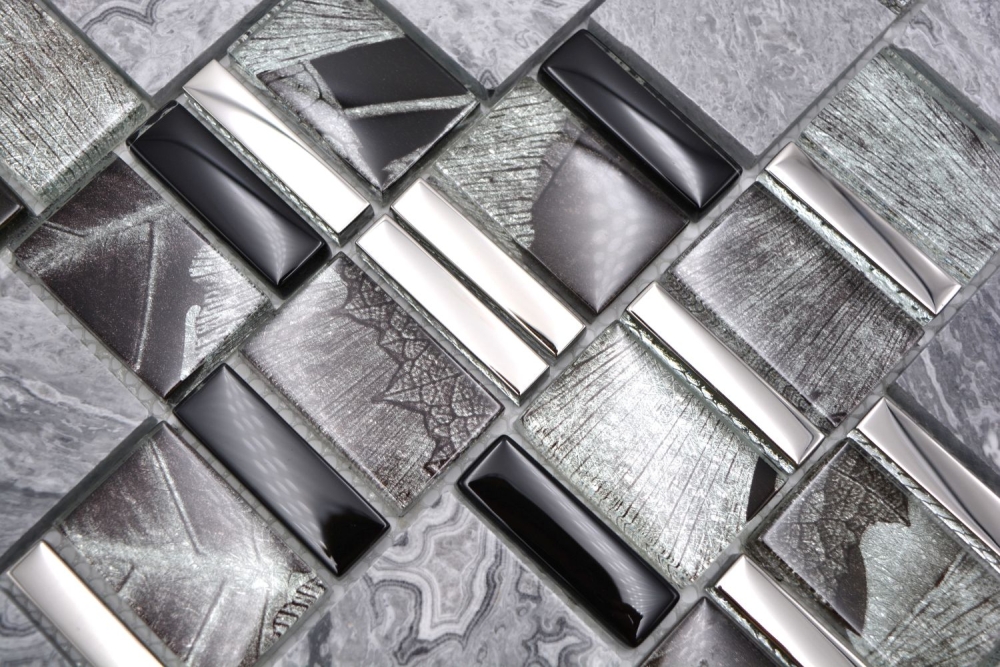 Mosaique multiformat Mosaique de verre Pierre EP mix gris noir Mix translucide multi-optique brillant