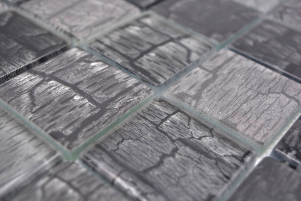Mosaique Carre Mosaique de verre Petrified Forest black translucide aspect floral noir brillant