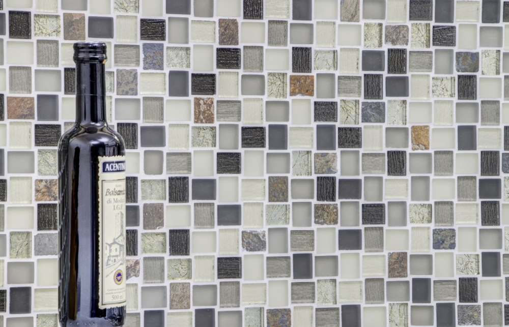 Mosaico rectangulo mosaico de vidrio mezcla de piedra mezcla rustica translucido aspecto trenzado blanco gris oxido mate