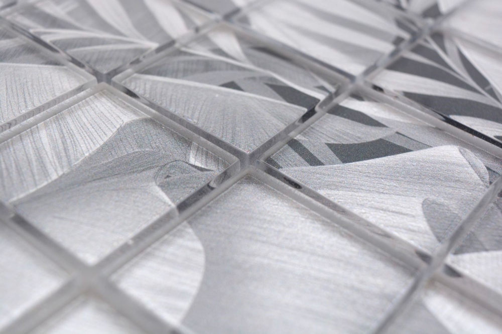 Mosaique carree Mosaique de verre Rain Forest grey translucide aspect floral gris brillant