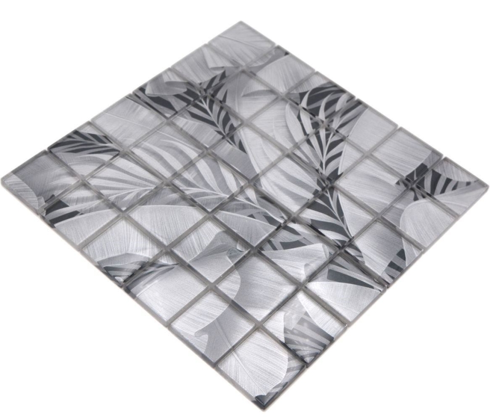 Mosaique carree Mosaique de verre Rain Forest grey translucide aspect floral gris brillant