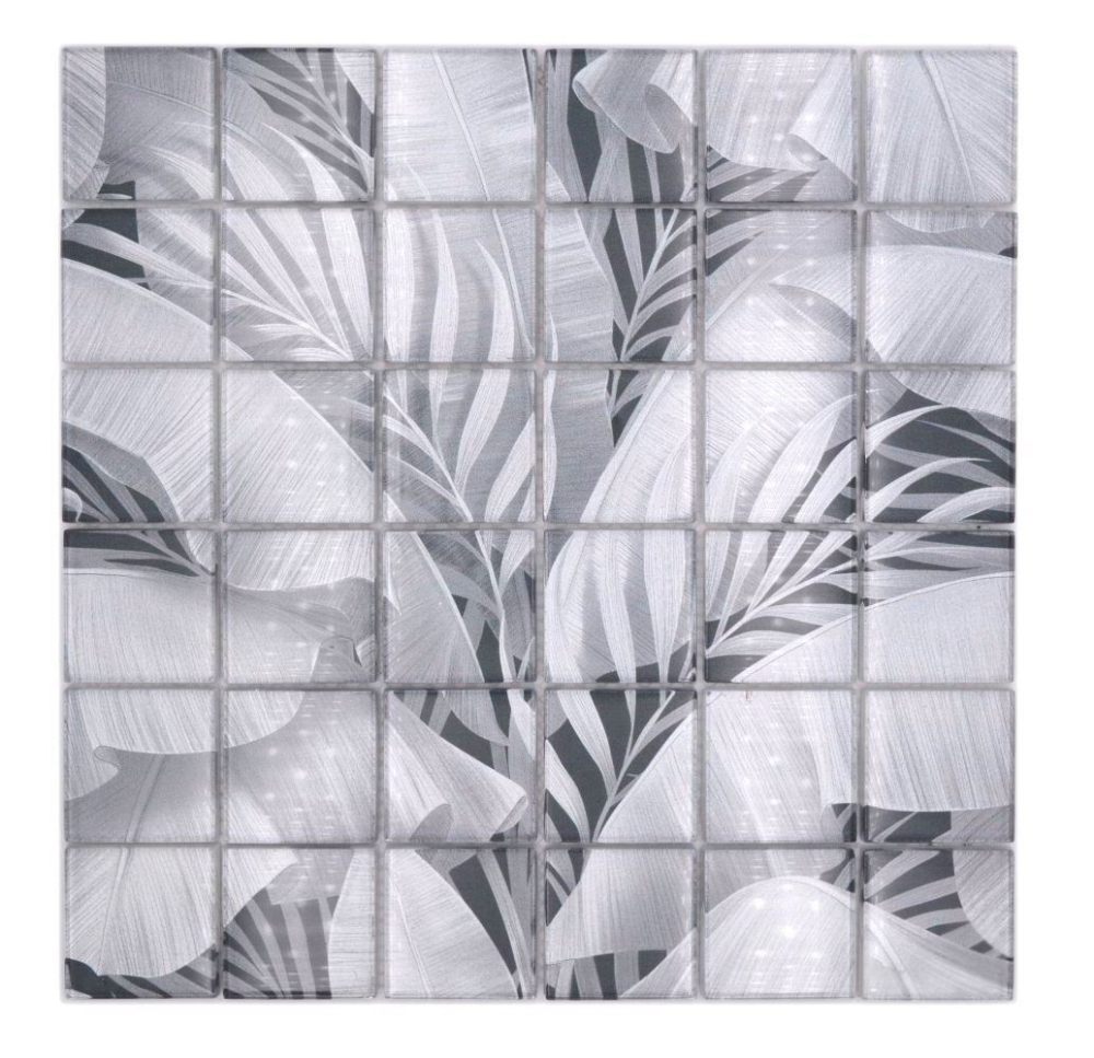 Mosaique carree Mosaique de verre Rain Forest grey translucide aspect floral gris brillant