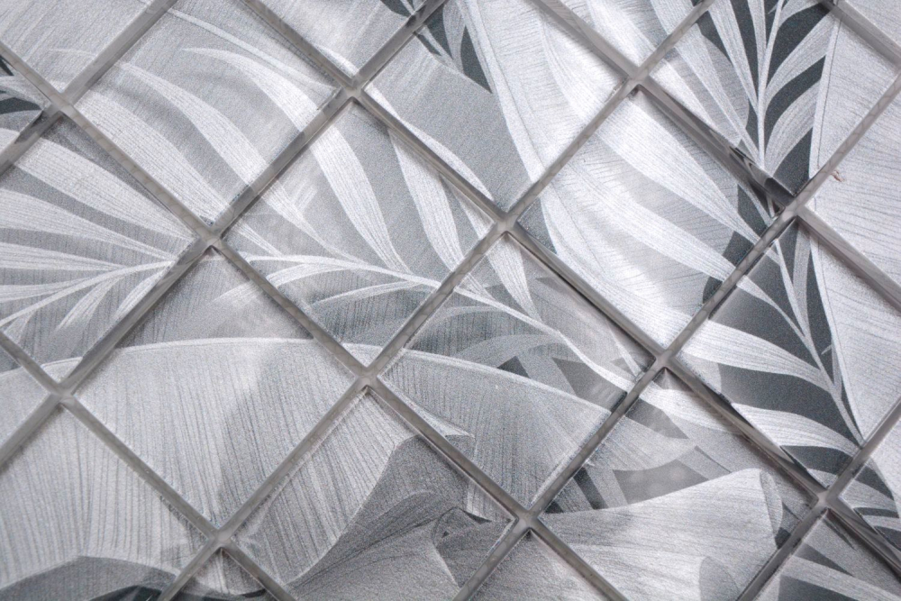 Mosaique carree Mosaique de verre Rain Forest grey translucide aspect floral gris brillant