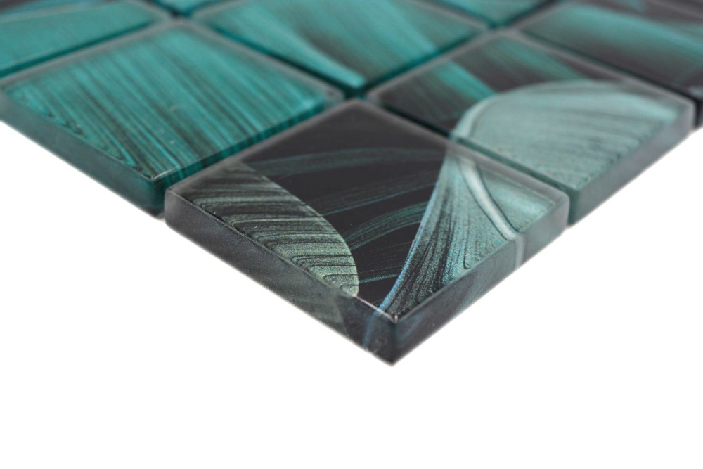 Mosaique Carre Mosaique de verre Rain Forest mix green black translucide aspect floral vertn noir brillant