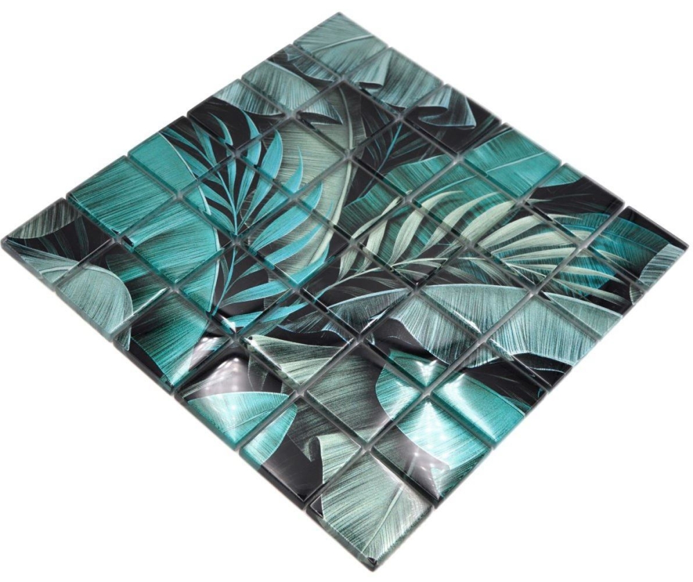 Mosaique Carre Mosaique de verre Rain Forest mix green black translucide aspect floral vertn noir brillant