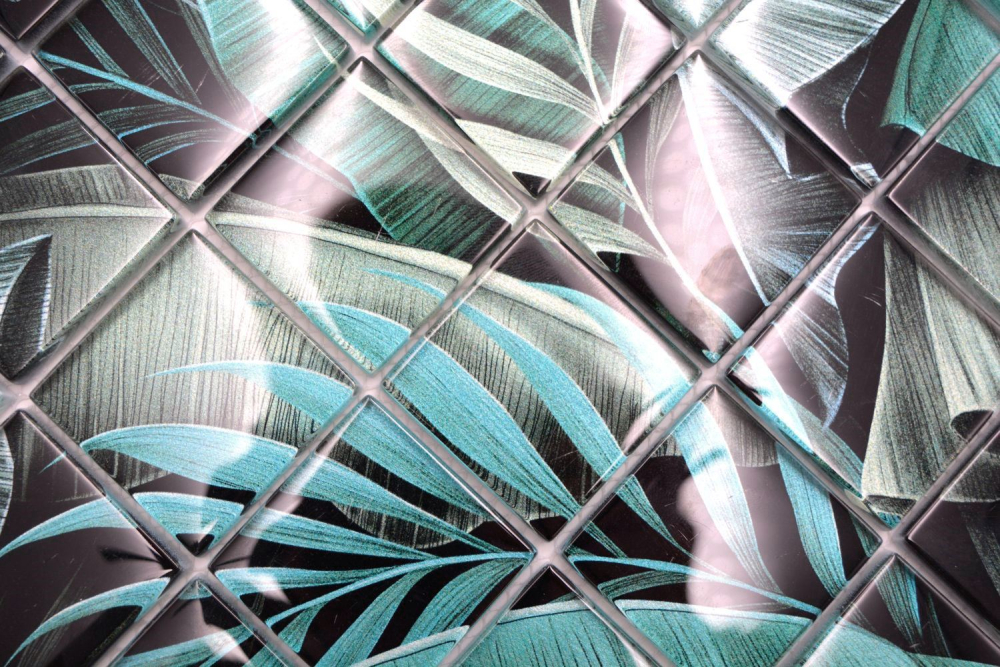 Mosaique Carre Mosaique de verre Rain Forest mix green black translucide aspect floral vertn noir brillant