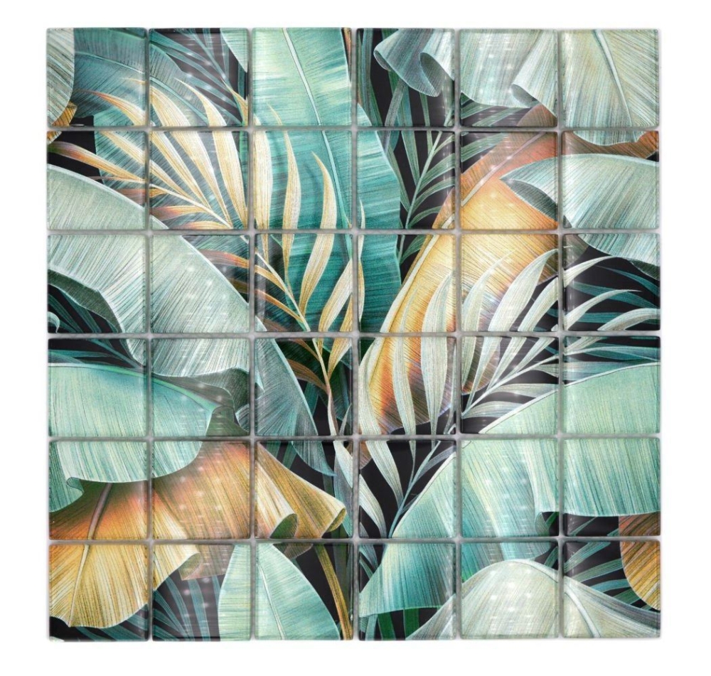 Mosaique Carre Mosaique de verre Rain Forest mix green brown translucide aspect floral vertn brun brillant