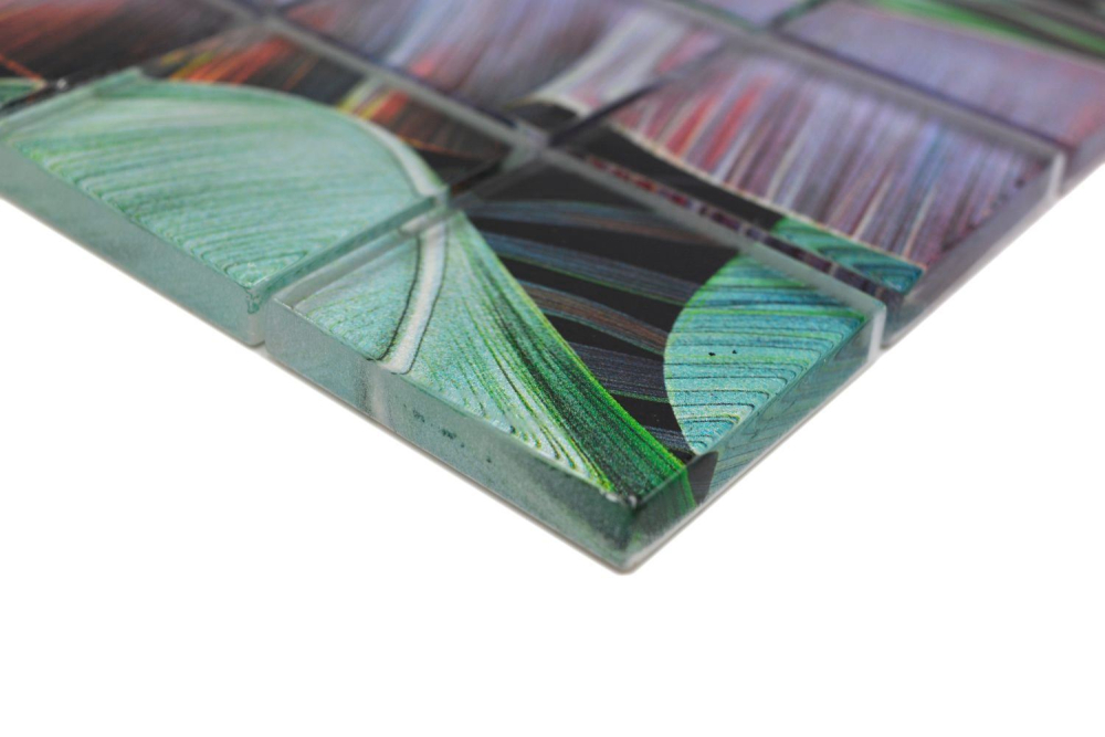 Mosaique carree Mosaique de verre Rain Forest mix green purple translucide aspect floral vertbrillant