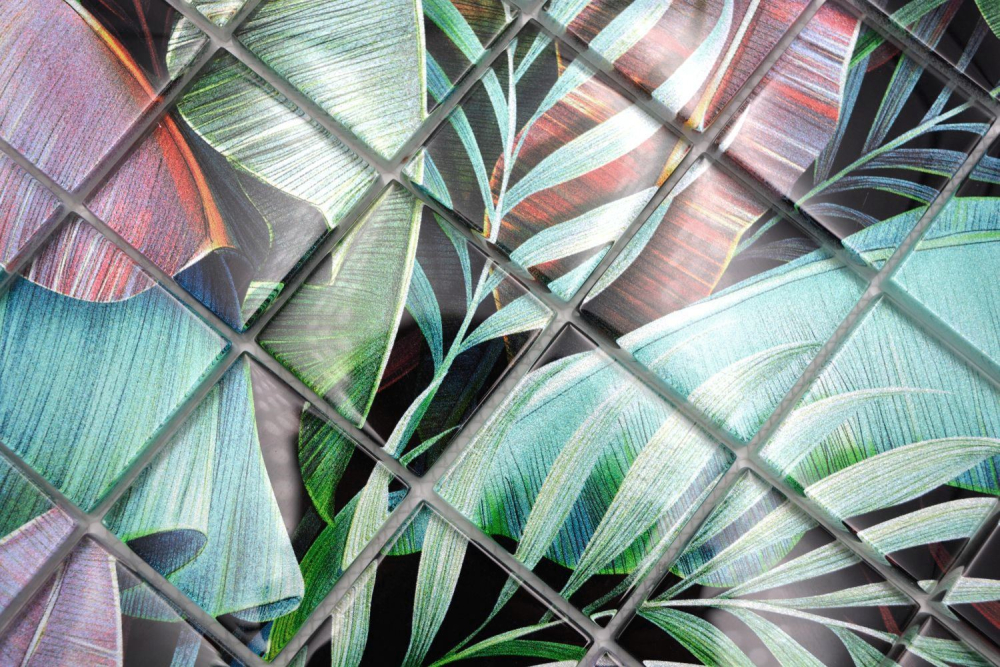 Mosaique carree Mosaique de verre Rain Forest mix green purple translucide aspect floral vertbrillant