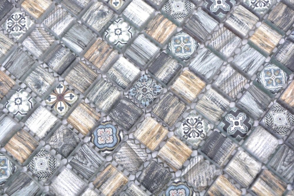 Glasmosaik Mosaikfliese Retro Ornament WOOD Weiß Ocker Anthrazit Fliesenspiegel - 78-W99