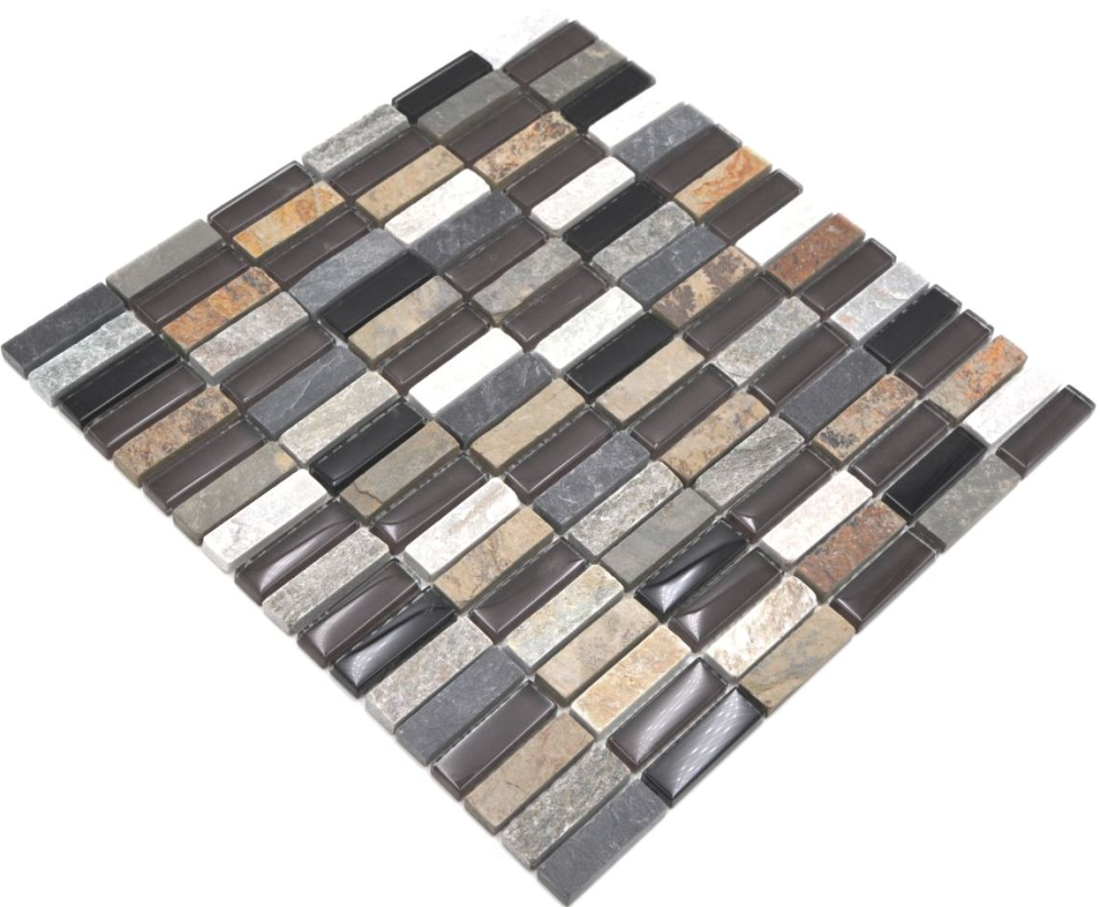 Mosaico cross bond look mix piedra translucida beige marron gris negro brillante - 10 hojas de mosaico