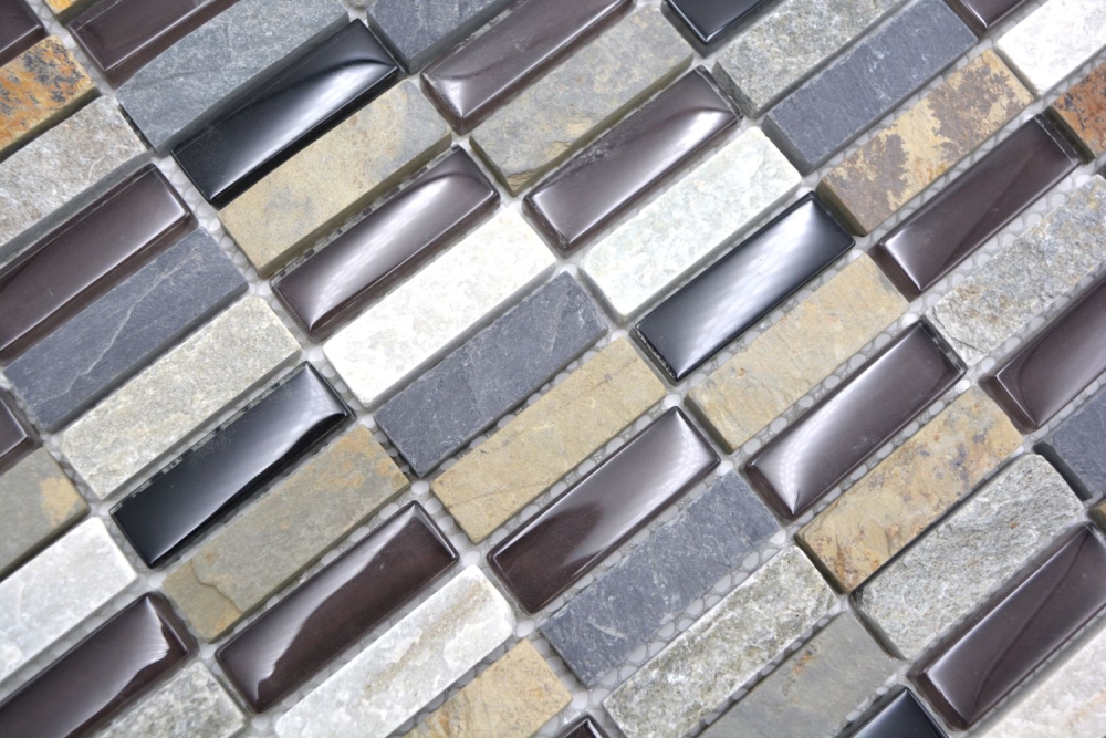 Plaquettes Rectangle Carreaux Mosaique de verre Batonnets beige brun gris noir Pierre naturelle Carreaux muraux Salle de bains Cuisine - 87-1313