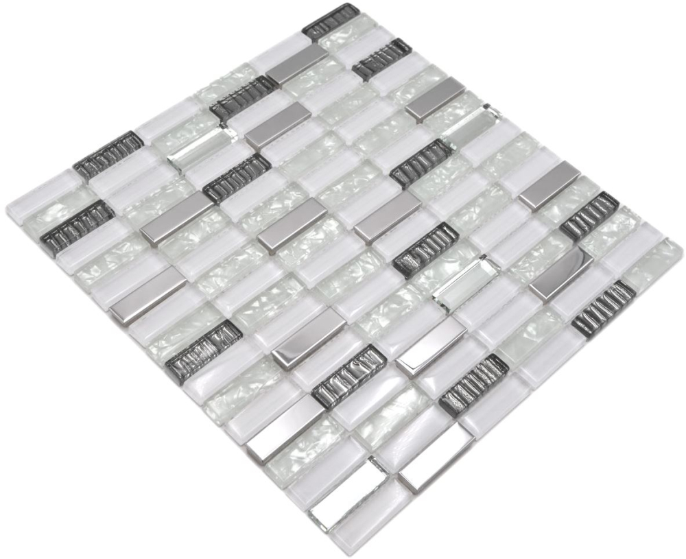 Glasmosaik Stäbchen Riemchen Edelstahl Silber Weiß Fliesenspiegel - 87-0102