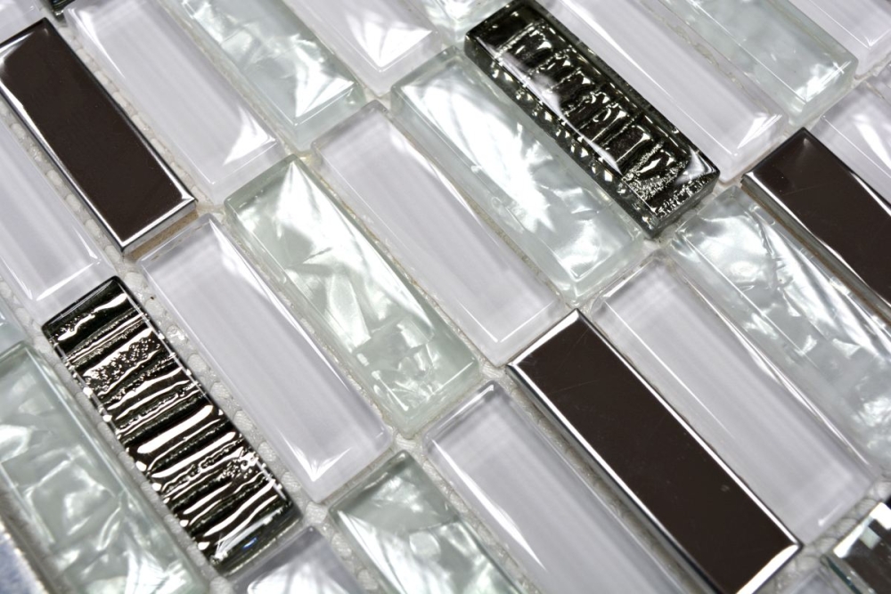 Glasmosaik Stäbchen Riemchen Edelstahl Silber Weiß Fliesenspiegel - 87-0102
