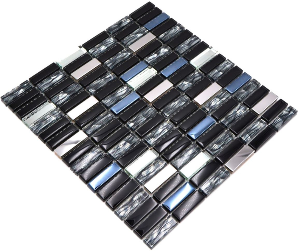 Mosaik Kreuzverbandoptik Mix Transluzent Edelstahl mix schwarz glaenzend - 10 Mosaikblaetter