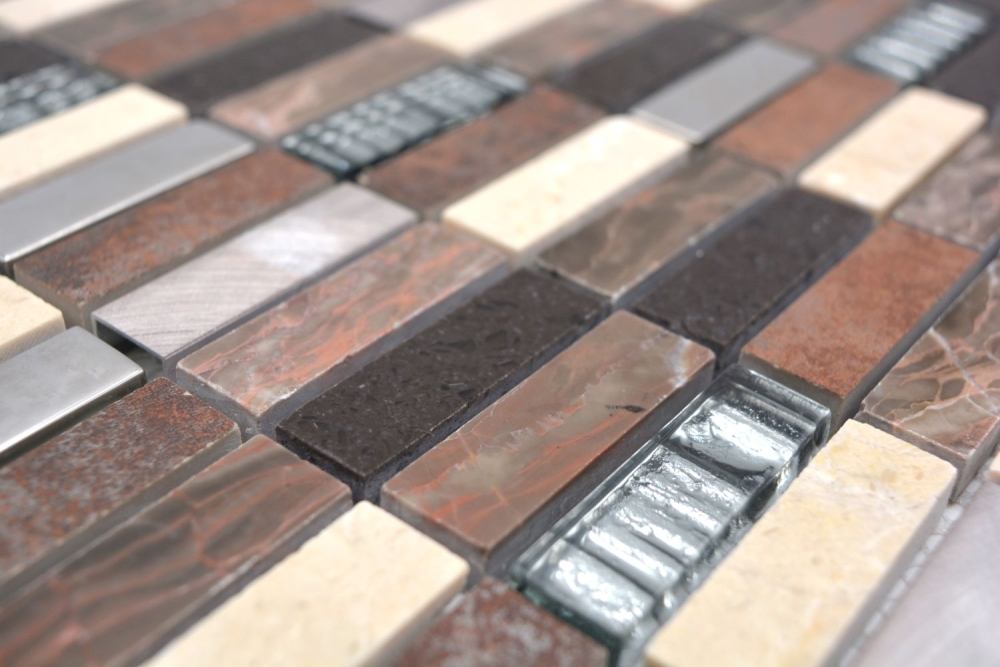 Mosaique rectangle Mosaique de verre Artificial Stein Alu EP mix beige marron Mix Translucide Composite aluminium aspect croise argent noir mat