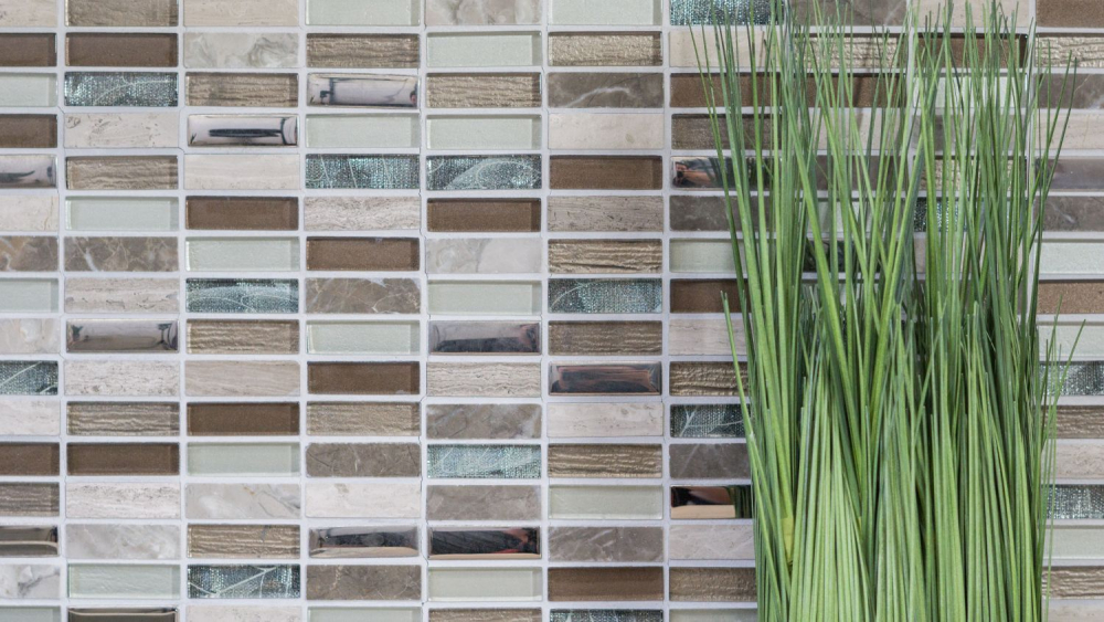Mosaique rectangle mosaique de verre pierre mix brun clair mix translucide aspect croise argent gris brillant