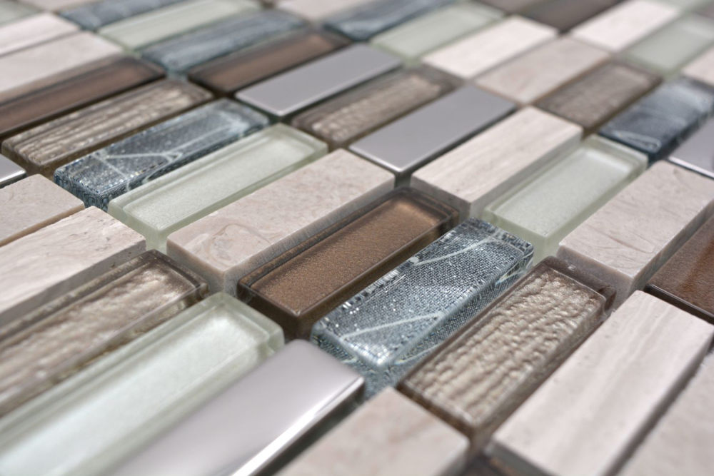 Mosaique rectangle mosaique de verre pierre mix brun clair mix translucide aspect croise argent gris brillant