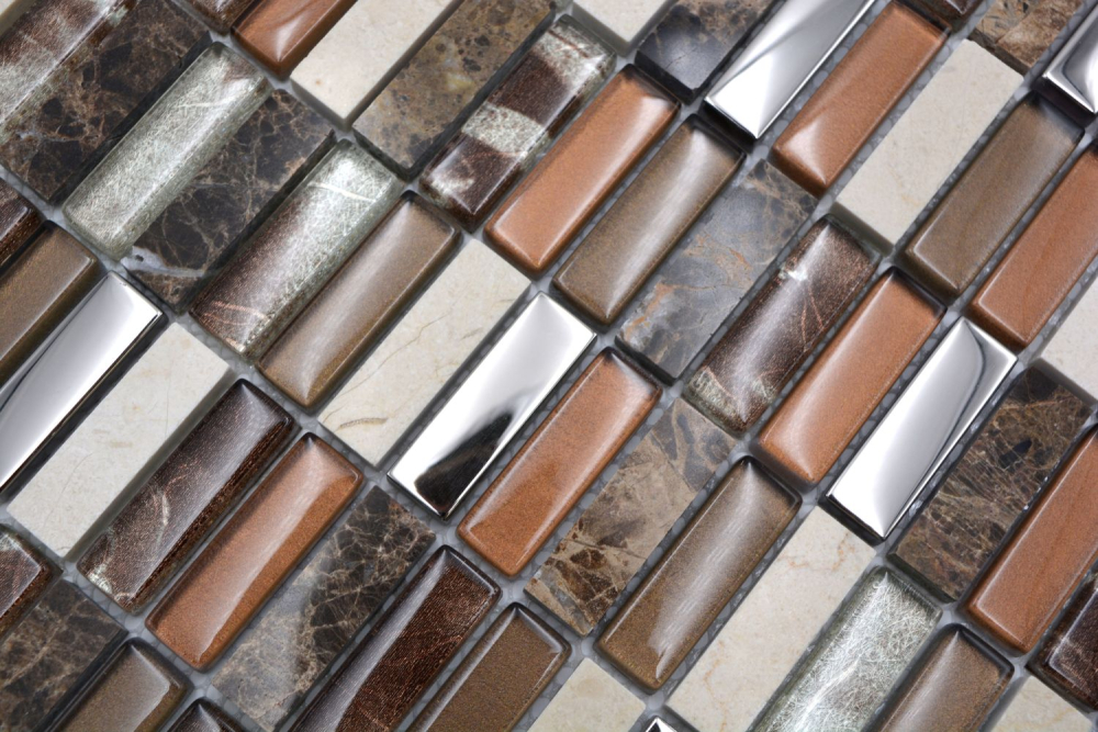 Mosaico rectangulo de vidrio mosaico de piedra mezcla marron translucido cruzado mirada de plata brillante
