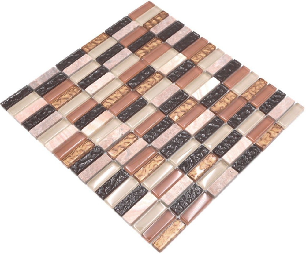 Mosaico rectangular tiras de mosaico de vidrio beige marron ocre naranja piedra natural backsplash - S87-1206