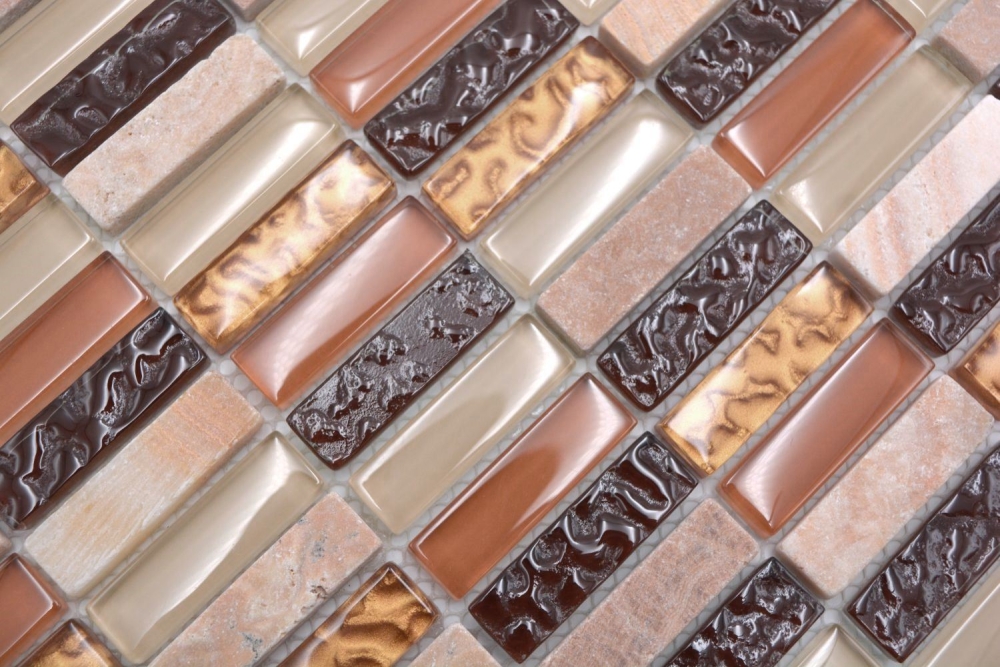 Mosaico rectangular tiras de mosaico de vidrio beige marron ocre naranja piedra natural backsplash - S87-1206