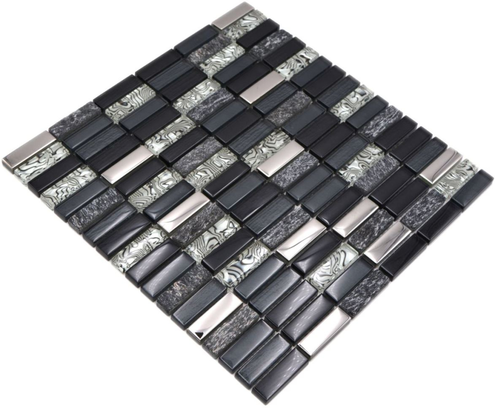Mosaique rectangle mosaique de verre pierre mix noir mix translucide aspect croise argent gris brillant