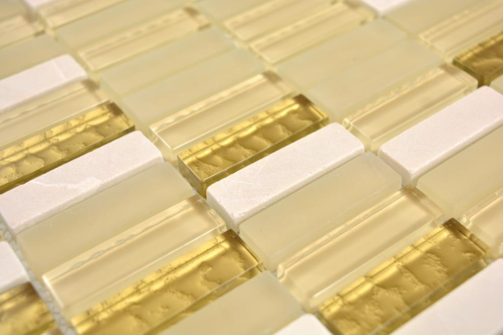 Mosaik Stäbchen Glasmosaik Stein mix weiß matt gold Mix Transluzent Kreuzverbandoptik glänzend