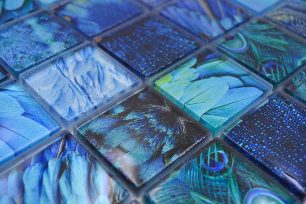 Mosaique Carre Mosaique de verre Wildlife blue translucide aspect vie sauvage bleu brillant
