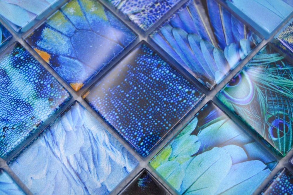 Mosaique Carre Mosaique de verre Wildlife blue translucide aspect vie sauvage bleu brillant