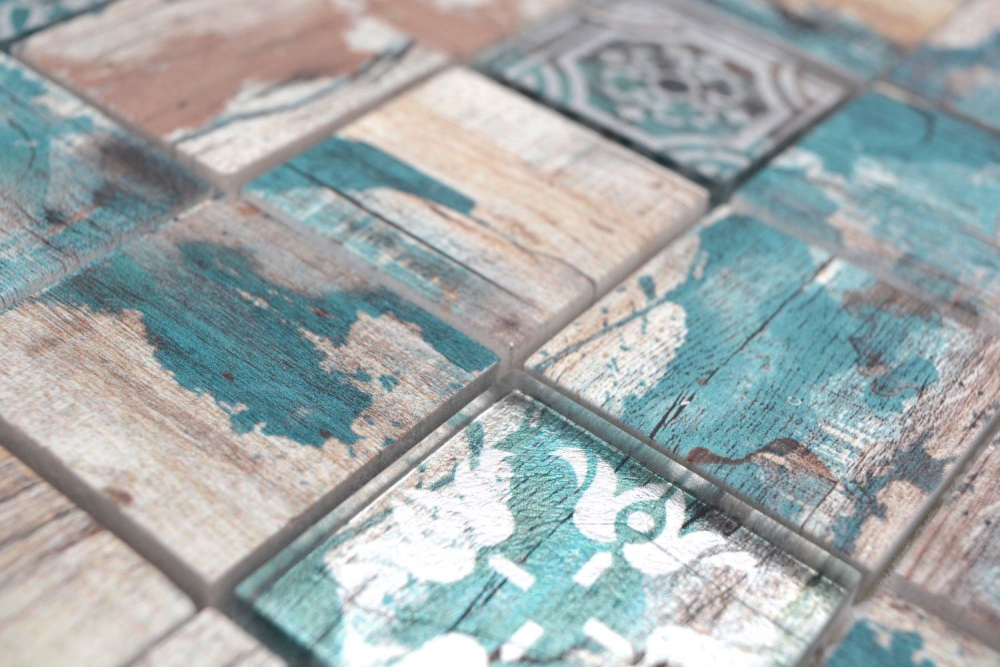 Mosaico quadrato in vetro mix beige petrolio traslucido opaco