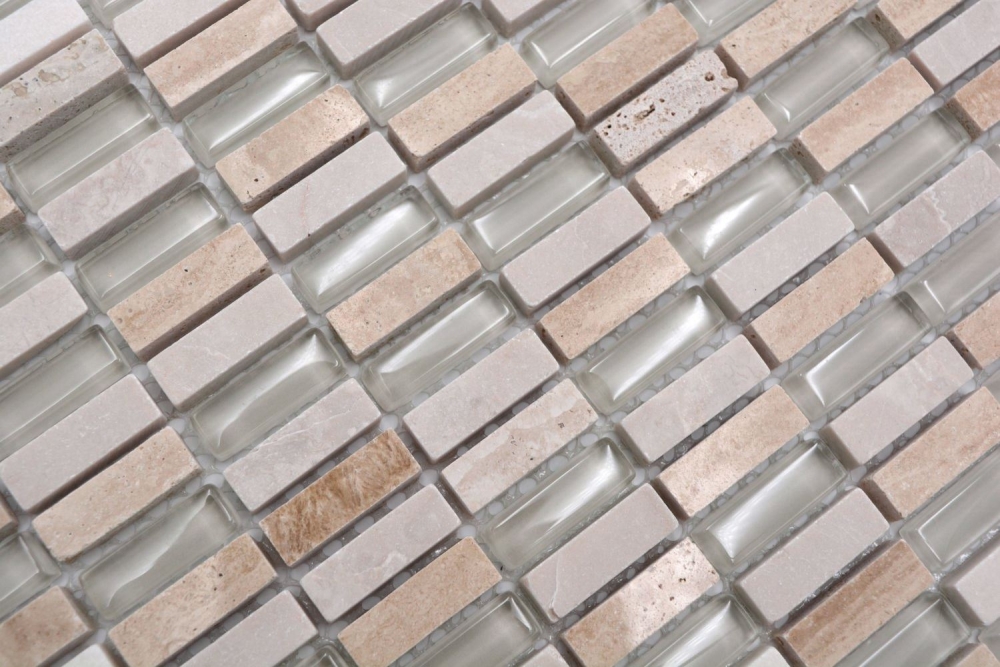 Riemchen Rechteck Mosaikfliesen Glasmosaik Stäbchen mini beige creme goldbeige Naturstein Küchenrückwand Bad WC Wand - 87-1412