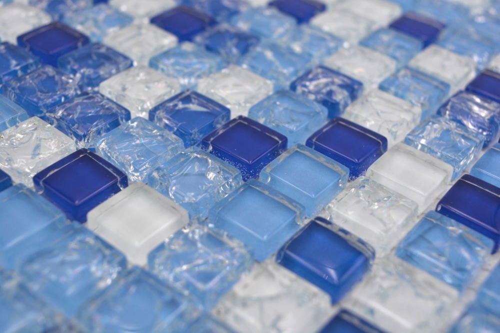 Mosaik Quadrat Glasmosaik mix white blue Transluzent weiß blau glänzend