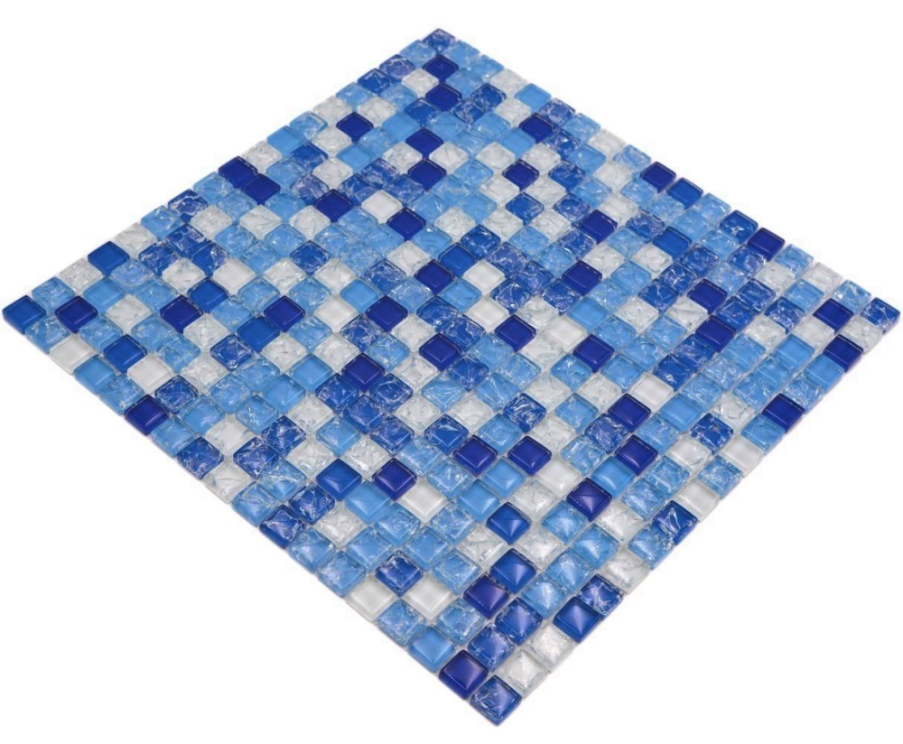 Mosaik Quadrat Glasmosaik mix white blue Transluzent weiß blau glänzend