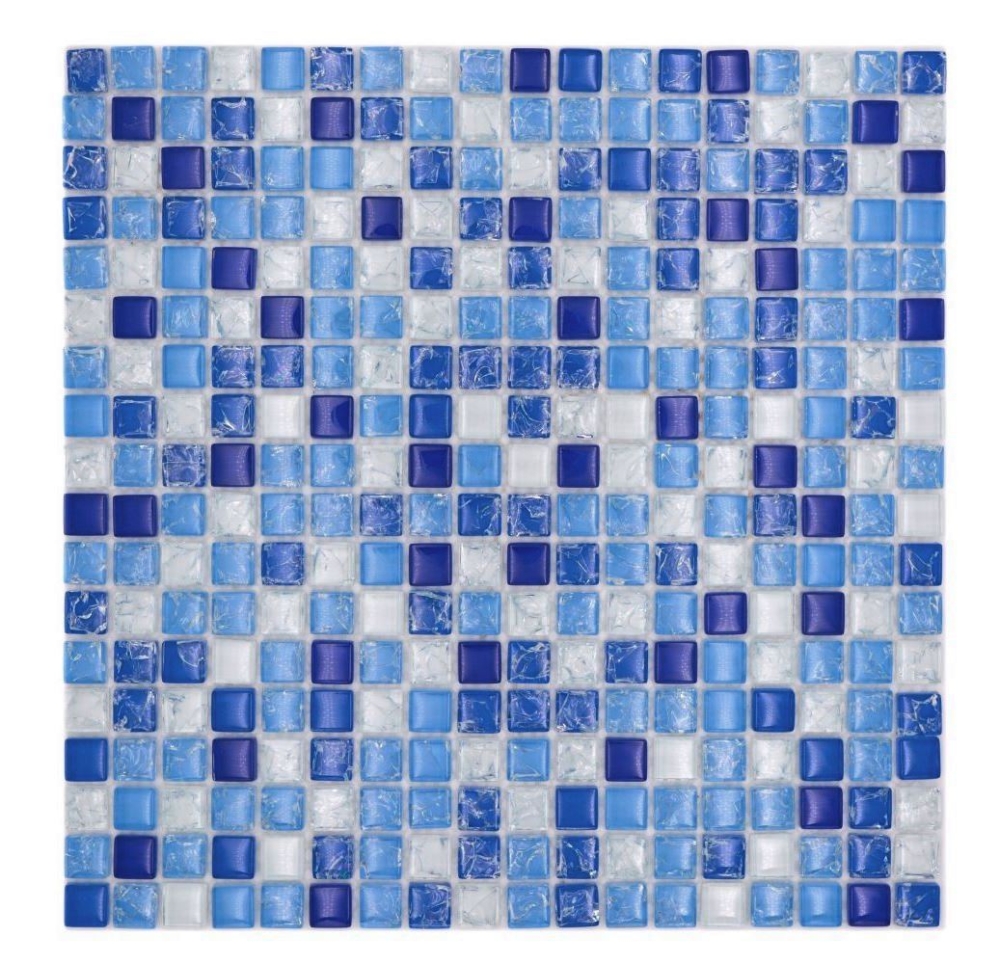 Mosaik Quadrat Glasmosaik mix white blue Transluzent weiß blau glänzend