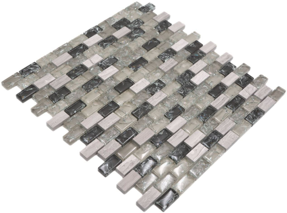 Mosaique Brick Mosaique de verre Pierre mix gris-vert Mix translucide aspect maconnerie brillant