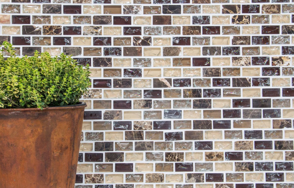 Mosaique Brick Mosaique de verre Pierre mix emperador fonce Mix translucide aspect maconnerie beige fonce brillant
