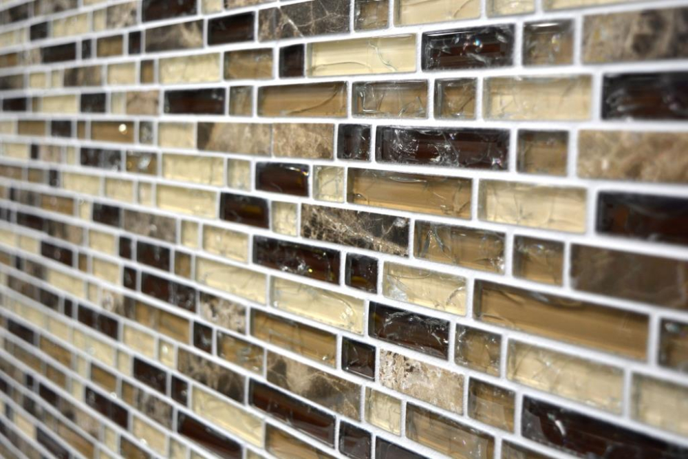Mosaik Verbund Glasmosaik Stein mix emperador dunkel Mix Transluzent Mauerverbandoptik dunkelbeige glänzend