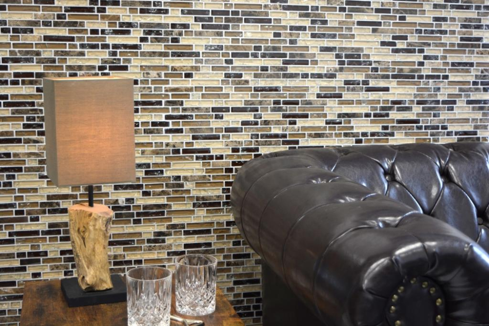 Mosaik Verbund Glasmosaik Stein mix emperador dunkel Mix Transluzent Mauerverbandoptik dunkelbeige glänzend