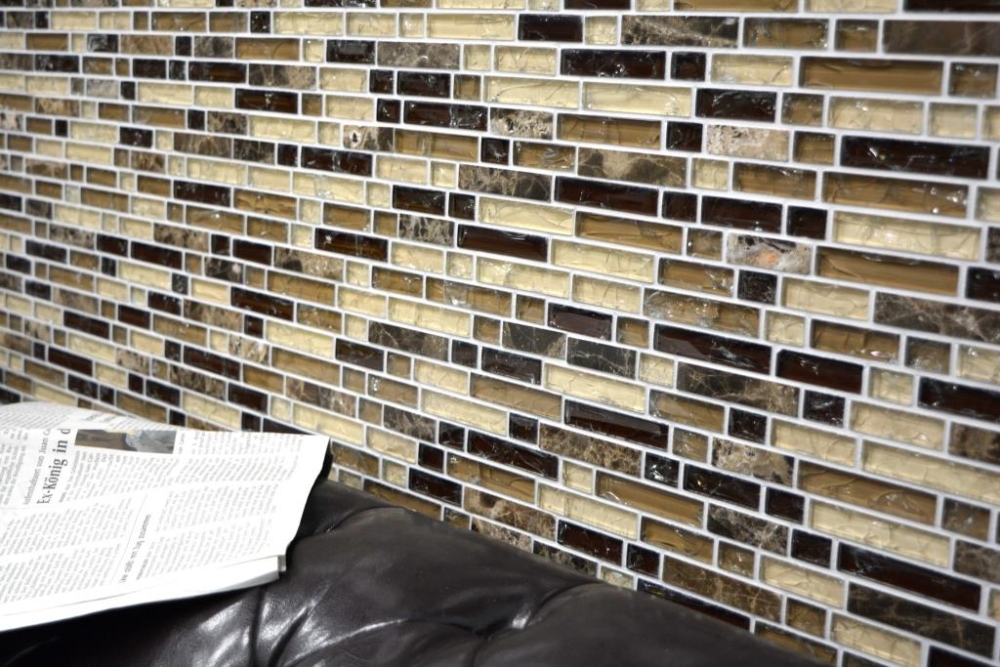 Mosaique de verre en batonnets de pierre naturelle Carreau de mosaique brun fonce beige creme Carreau de mur de cuisine Salle de bain WC - 87-V1355