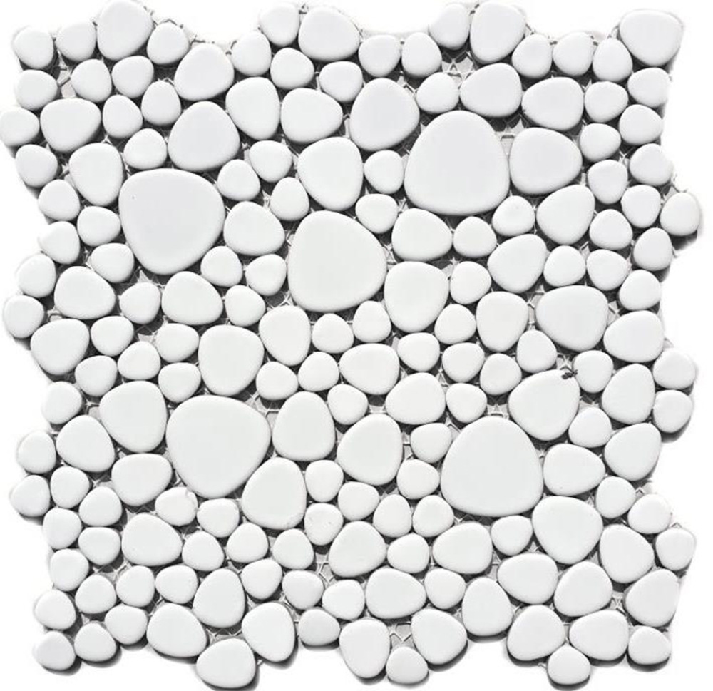 Mosaico guijarro uni blanco brillante ceramica aspecto guijarro