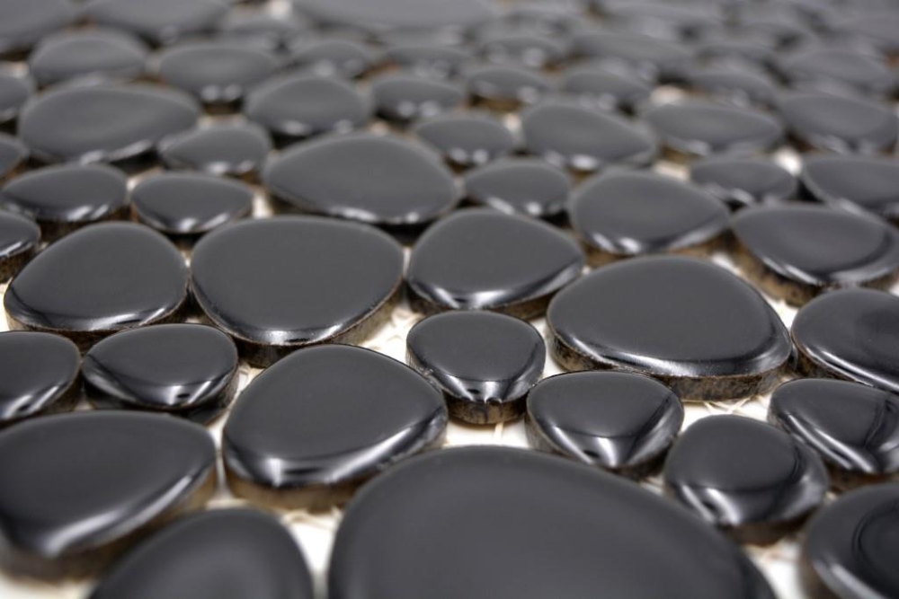 Kieselmosaik Drops schwarz glänzend Keramiksteine Mosaiksteine Duschboden Duschwand 12-0302