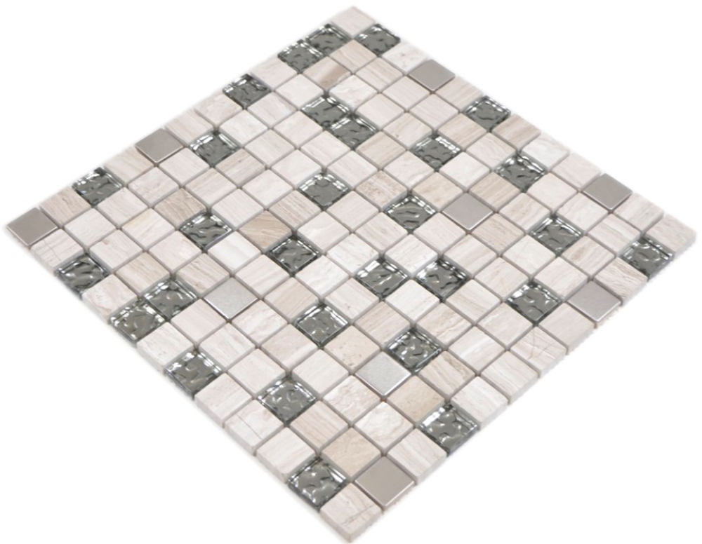 Mosaico mezcla piedra translucida acero inoxidable mezcla gris-blanco brillante - 10 hojas de mosaico