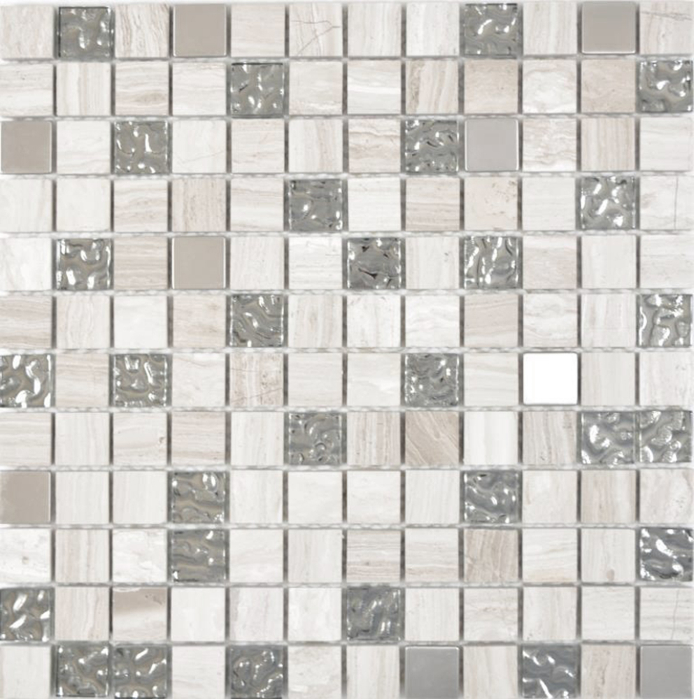 Mosaikfliesen Natursteinmosaik Rustikal Glasmosaik Edelstahl grauweiß silber klar