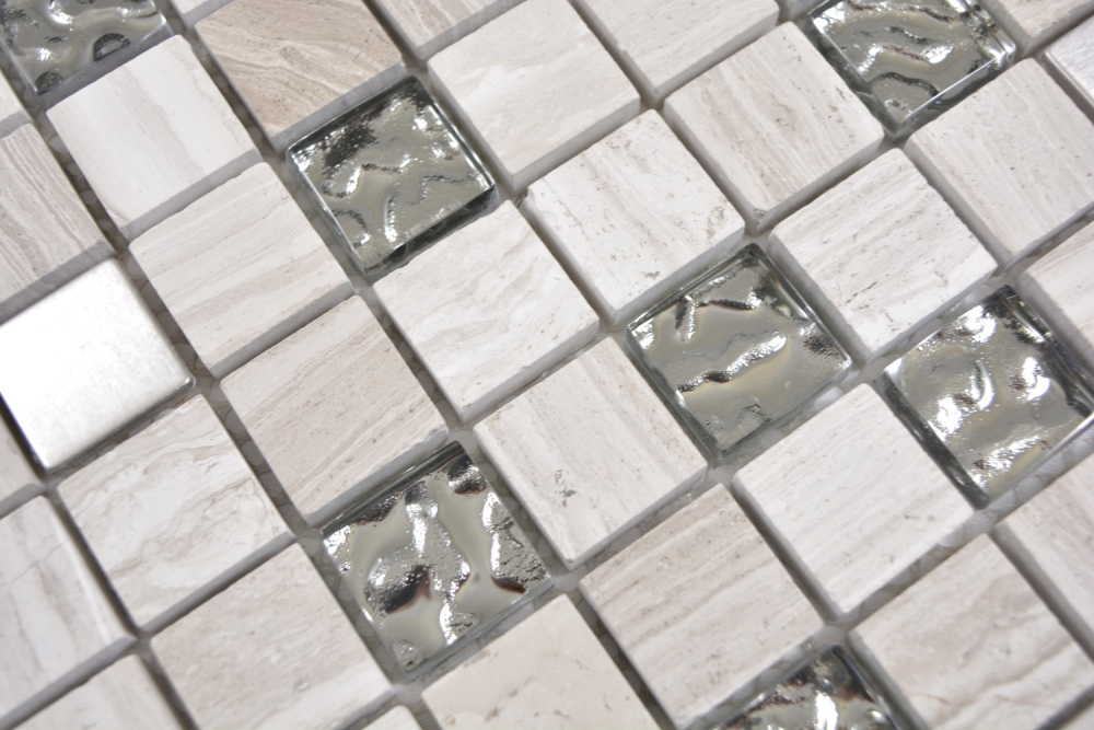 Mosaico mezcla piedra translucida acero inoxidable mezcla gris-blanco brillante - 10 hojas de mosaico