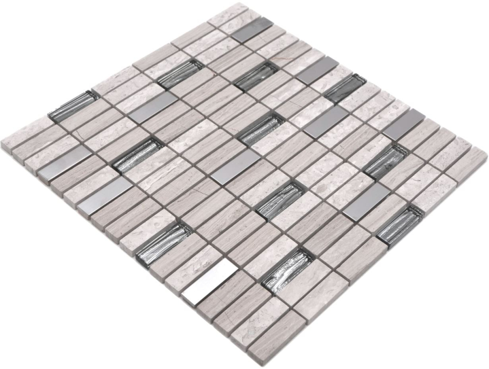 Mosaikfliesen Natursteinmosaik Stäbchen Edelstahl grauweiß silber beige Stäbchen