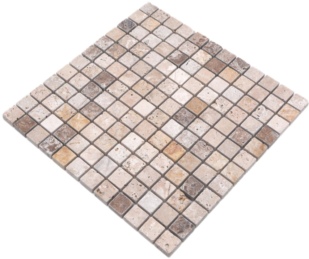 Travertin Mosaik Fliese Natursteinmosaik beige braun getrommelt 43-46380