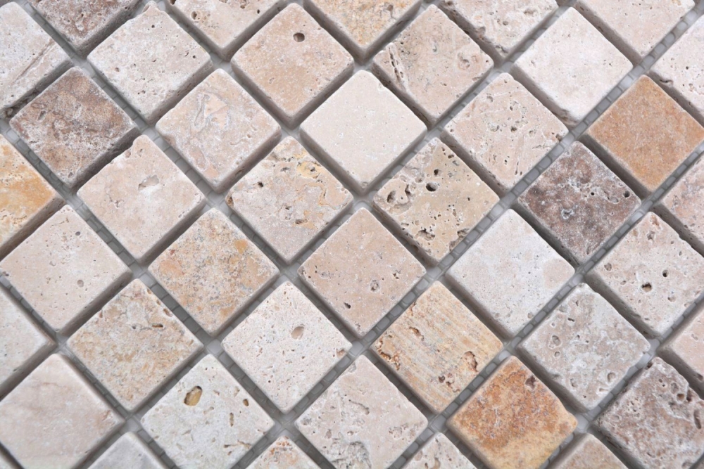 Travertin Mosaik Fliese Natursteinmosaik beige braun getrommelt 43-46380